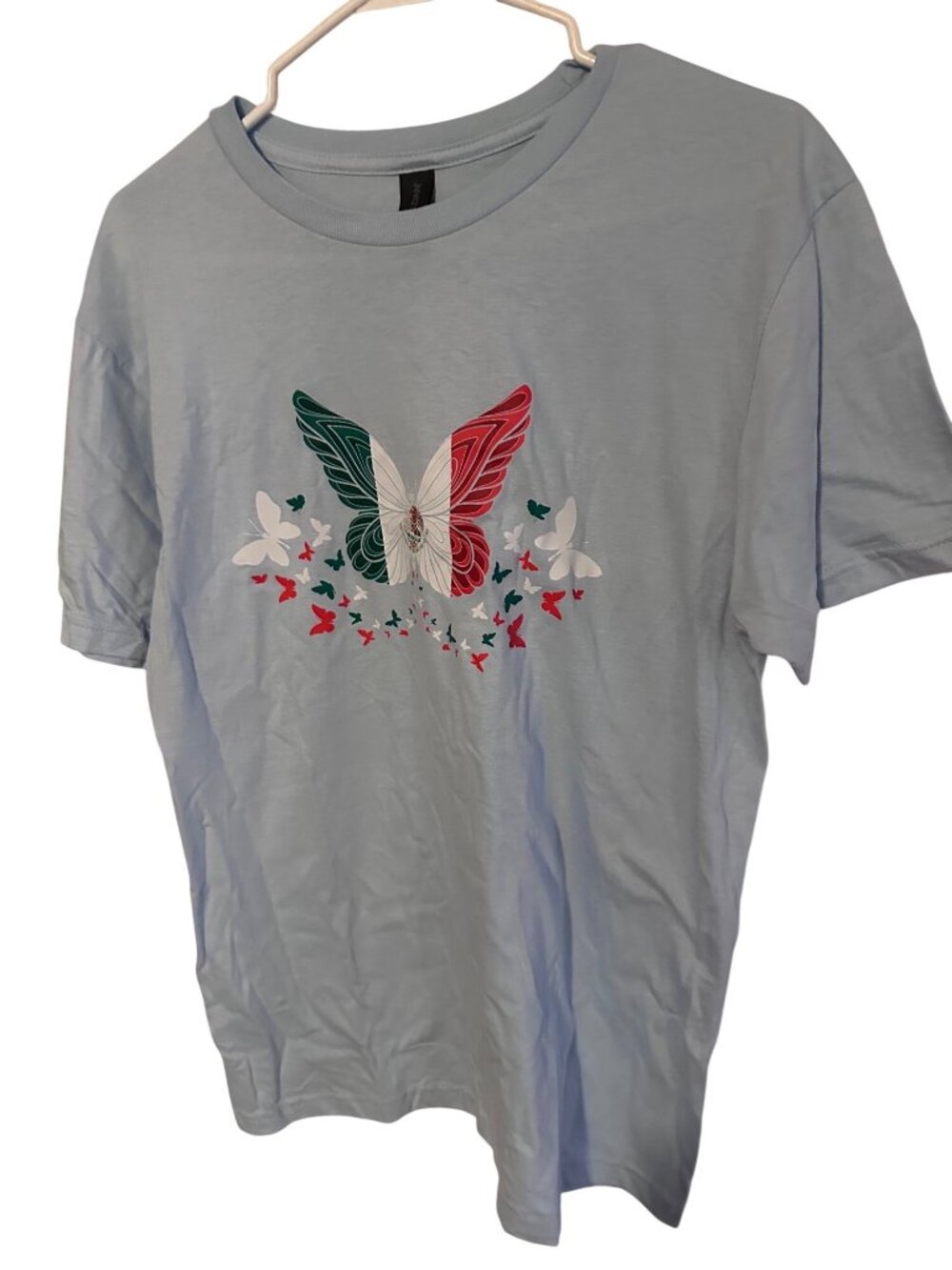 New graphic t-shirt Butterfly in Mexican colors cotton light blue soft style siz